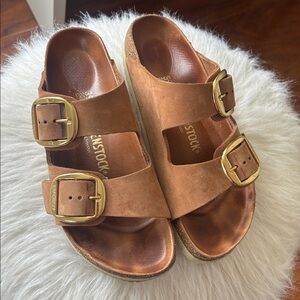 Birkenstock Womens Size 39 Arizona Gold Big Buckles Antique Cognac Sandal Slides